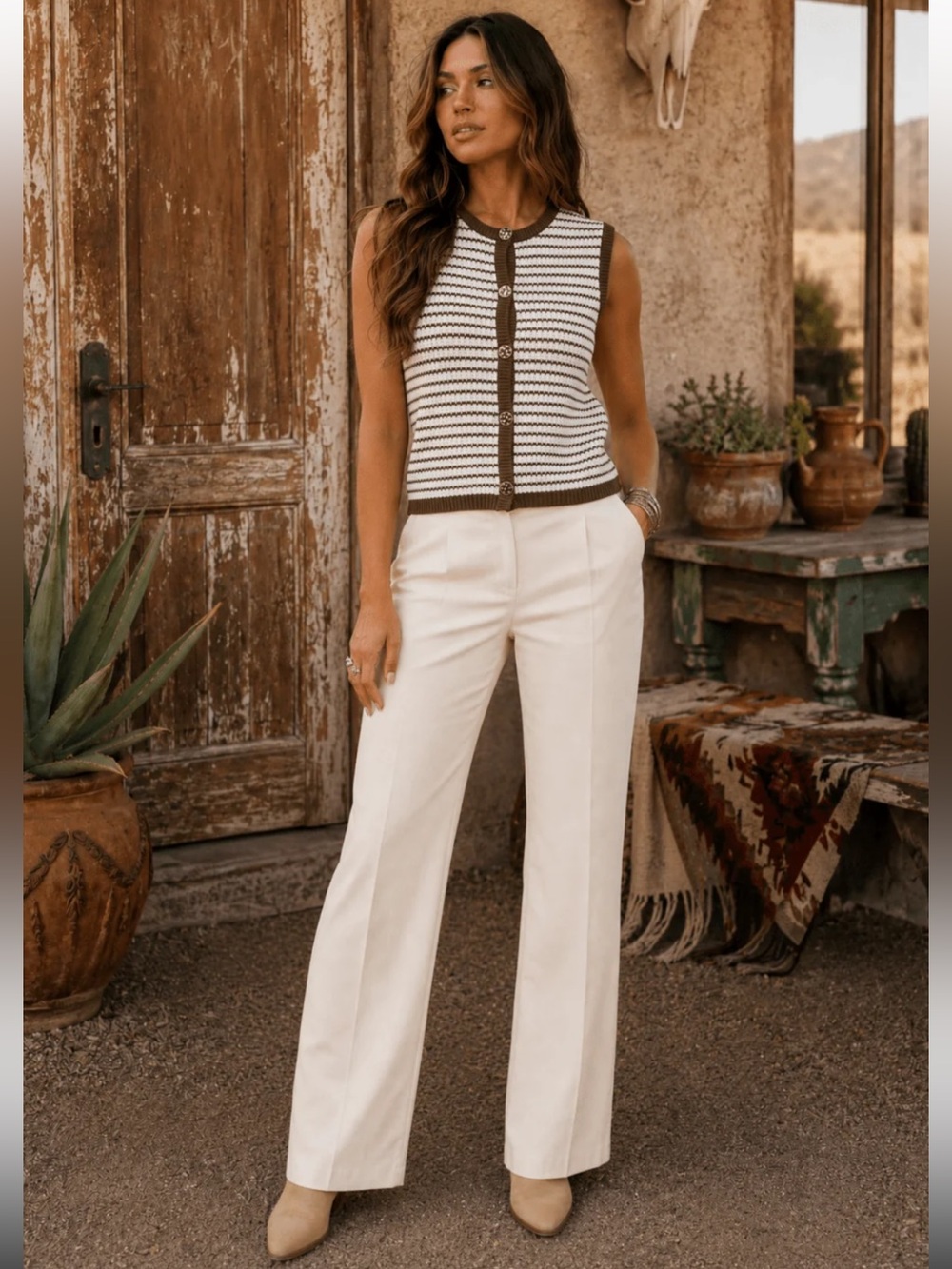 559. Sleeveless Brown-Trim Striped Knit Vest